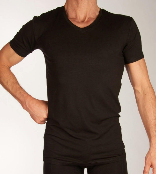 Bamboo Basics t-shirt v-hals 2 pack knitted v-neck t-shirt black heren VELO-003 Bamboo Basics t-shirt col v lot de 2 knitted v-neck t-shirt black hommes
