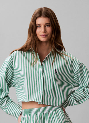 Calvin Klein pyjamashirt ck cotton poplin cropped shirt penny stripe mardi gras green dames