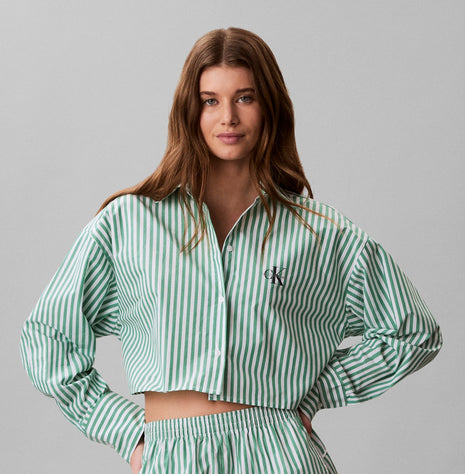 Calvin Klein pyjamashirt ck cotton poplin cropped shirt penny stripe mardi gras green dames