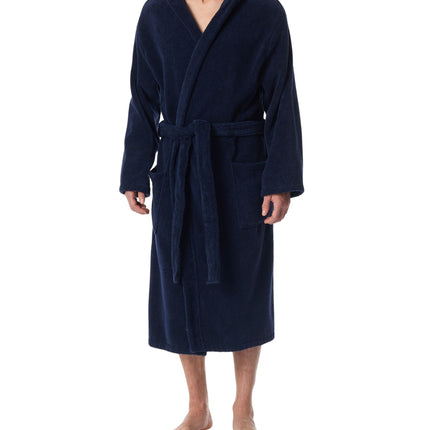 Schiesser badjas essentials bathrobe with hood navy heren 128546-815 Schiesser peignoir essentials bathrobe with hood navy hommes