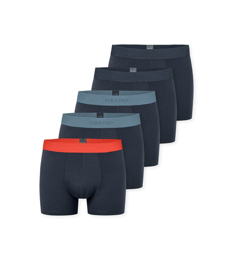 Schiesser short 5 pack 95/5 organic cotton boxer briefs dark blue waistband blue / red / dark blue heren 183214-901 Schiesser boxer lot de 5 95/5 organic cotton boxer briefs dark blue waistband blue / red / dark blue hommes